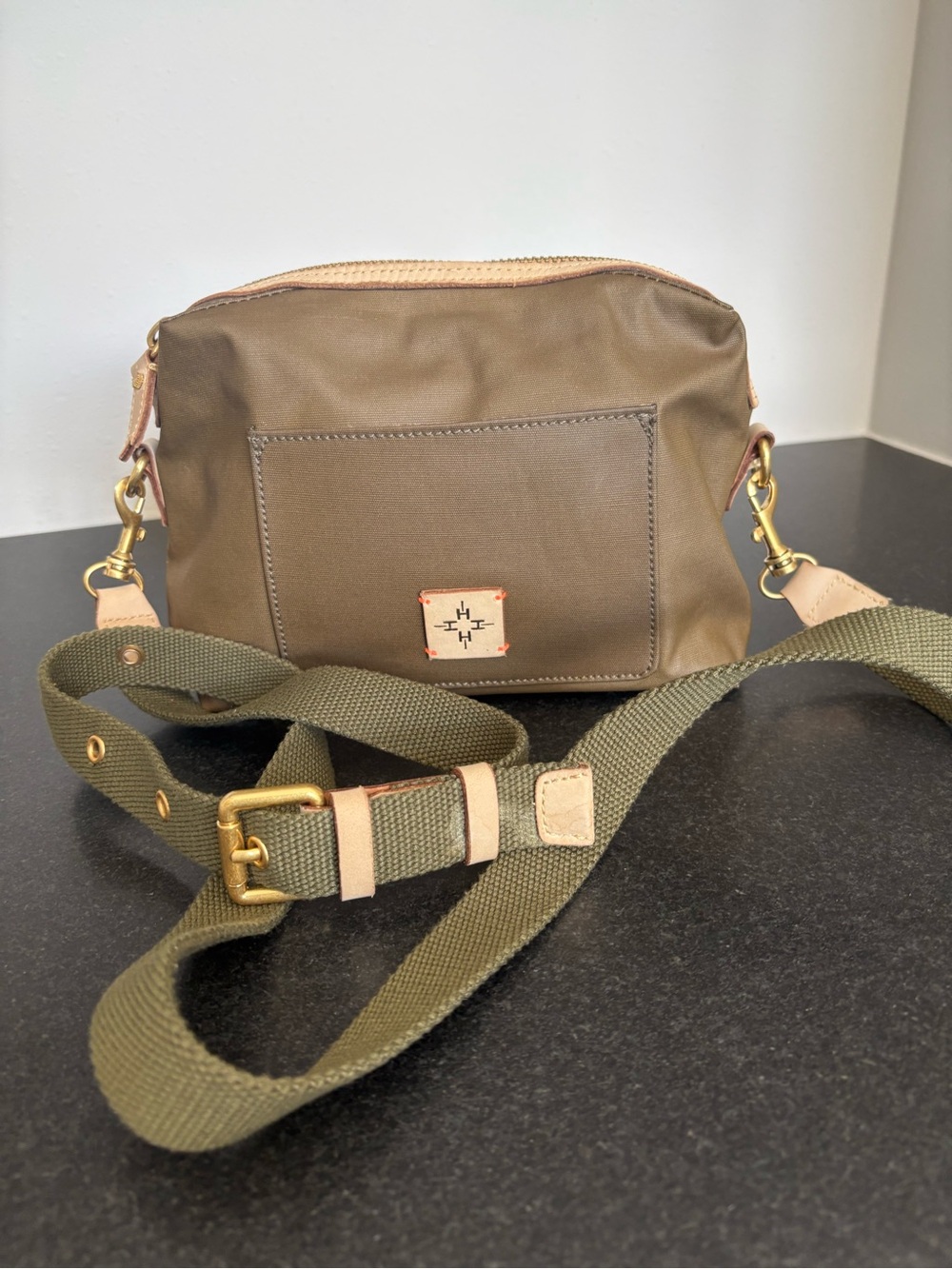 India Hicks Olive Green Crossbody with Natural Trim - Used as Display only.